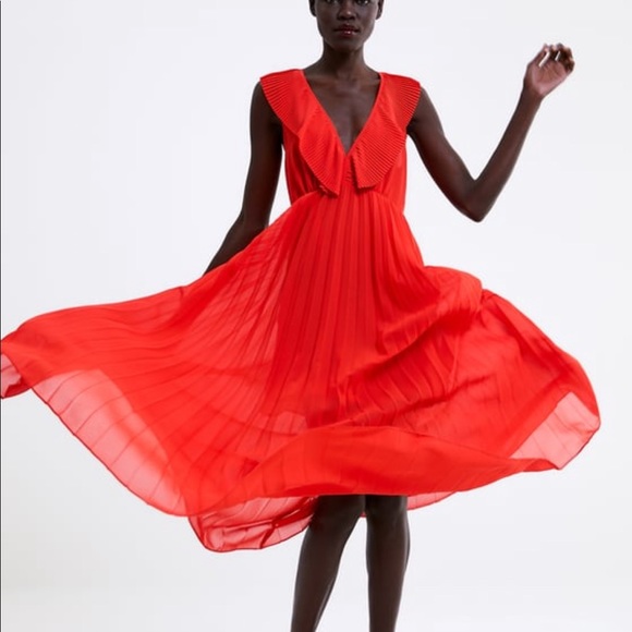 Zara Dresses & Skirts - Zara red flowy long dress pleated vneck XS